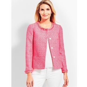 Talbots Tweed Peplum Pink Jacket Blazer Fringe Trim NWT!